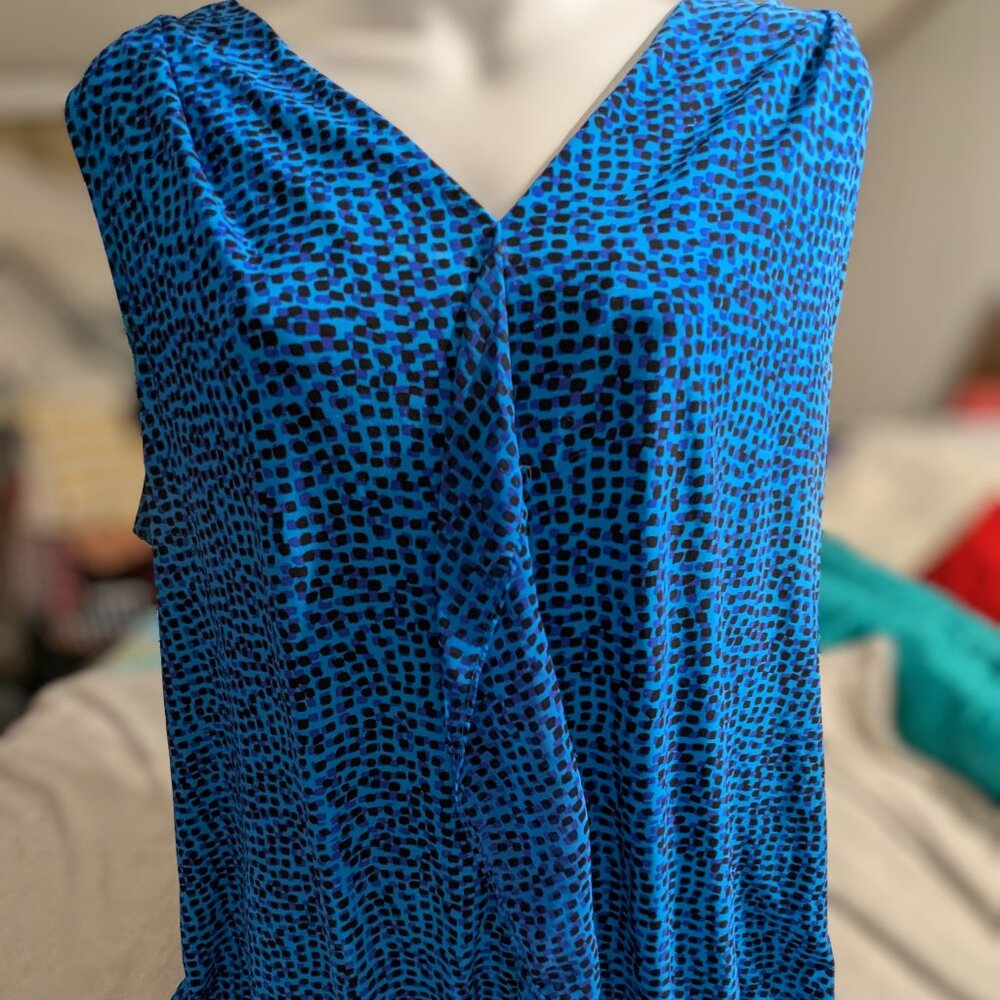 Roz & Ali Sleeveless Blouse Blue & Black Dotted V-Neck Womens 2XL